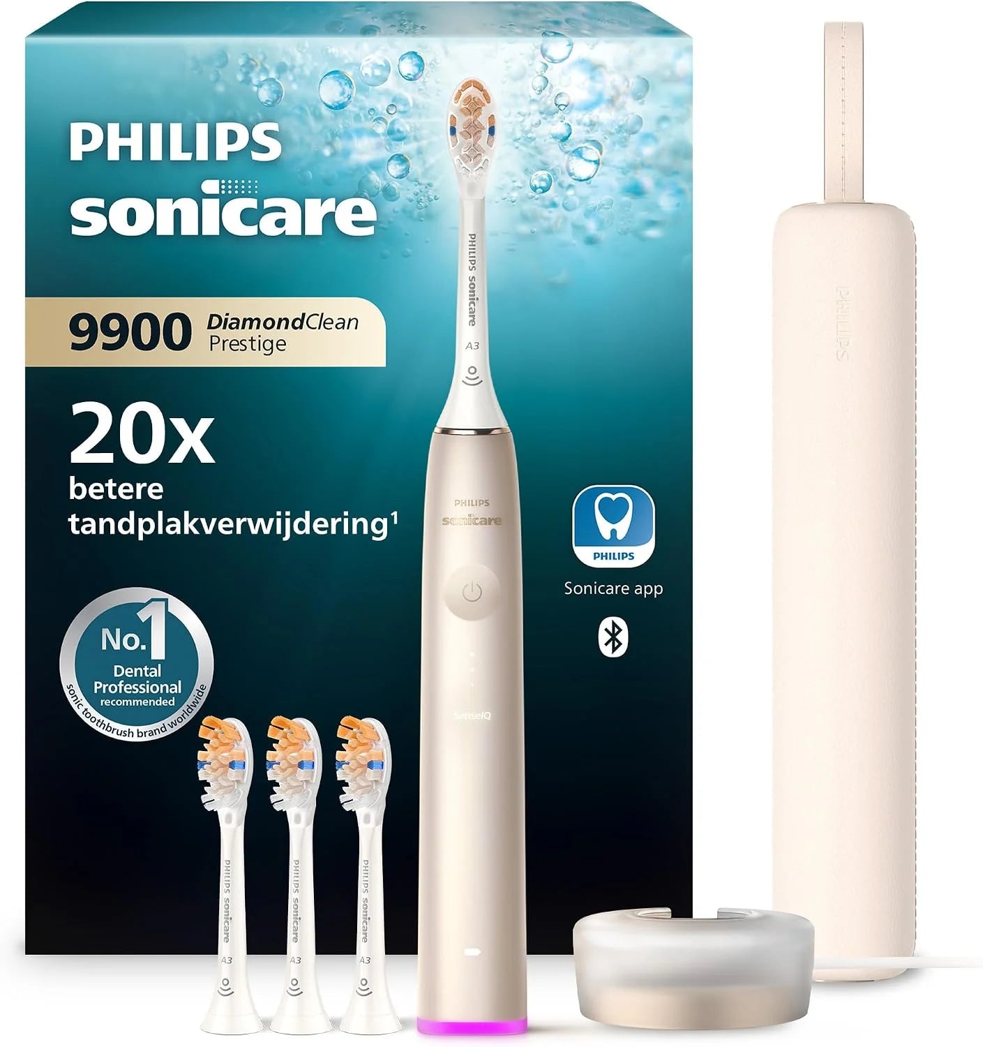 Philips Sonicare DiamondClean 9900 Prestige elektrische tandenborstel met SenseIQ-technologie en app, 5 poetsstanden, 3 intensiteitsniveaus, oplaadreisetui, champagne, model HX9992/44