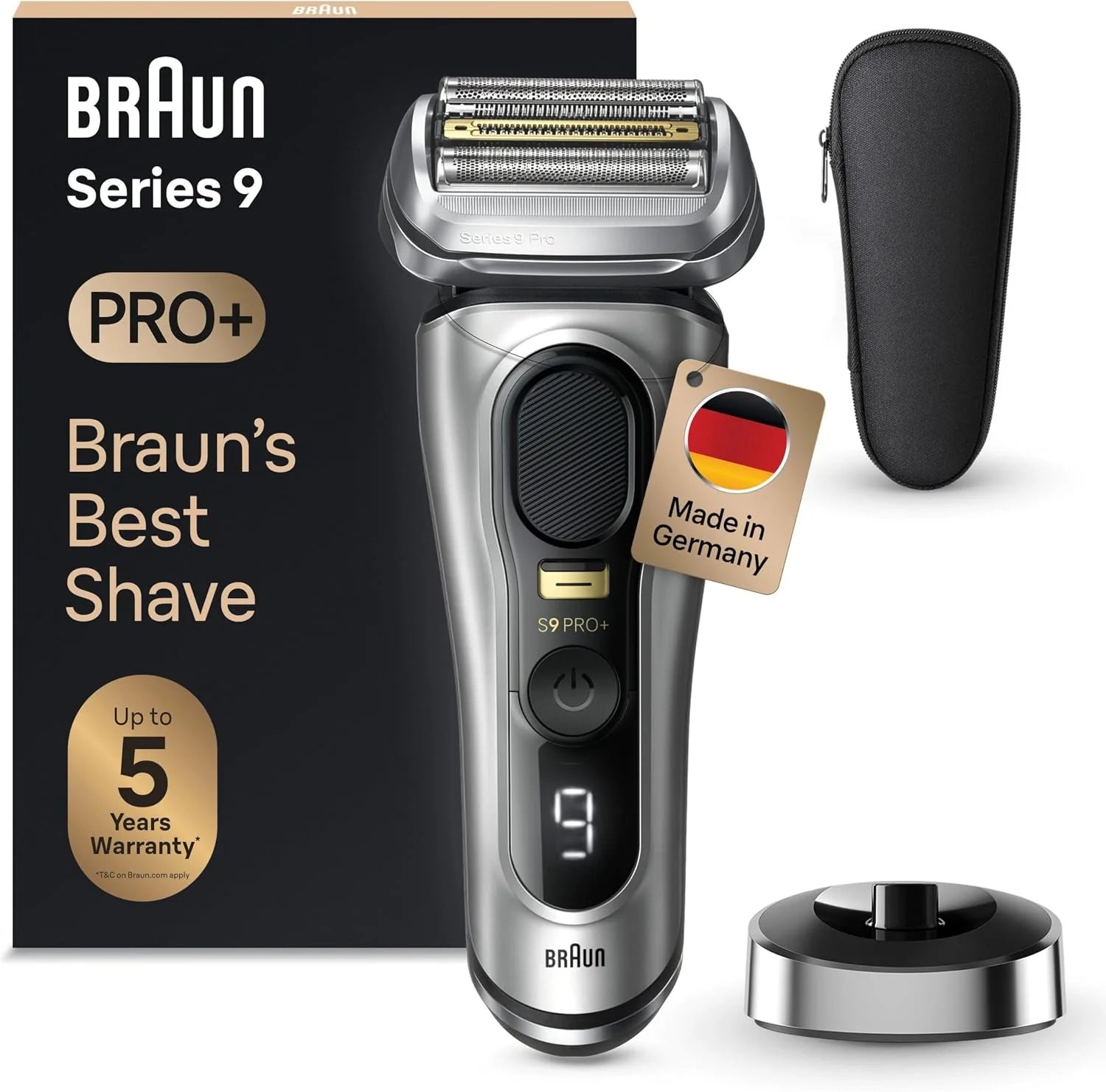 Braun Series 9 Pro+ Elektrisch scheerapparaat voor heren, elektrisch scheerapparaat met 5 Pro scheerelementen, langhaartrimmer ProTrimmer, laadstation, 60 minuten looptijd, nat en droog, Made in(9517s)