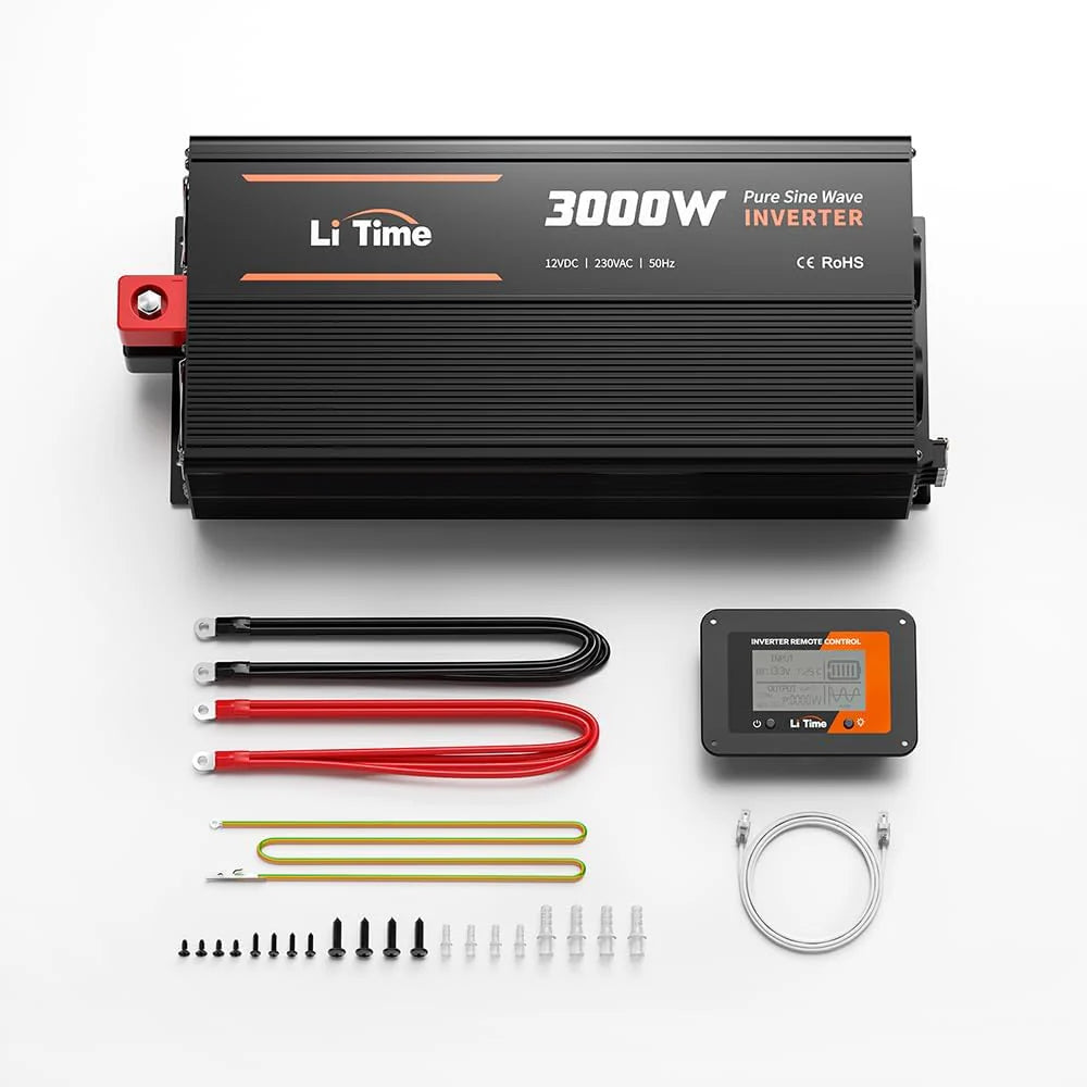 LiTime 3000 W Sinsus omvormer Zuiver 12 V DC naar 230 VAC omvormer voor camper, camping, zonne-energie-omvormer met 2 AC-uitgangen, bewakingsscherm met real-time statusweergave
