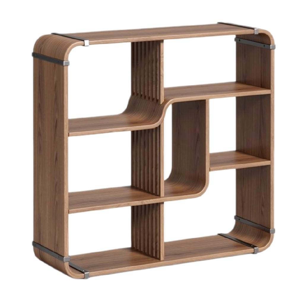 Moderne houten boekenkast met gestructureerd ontwerp en open vakken