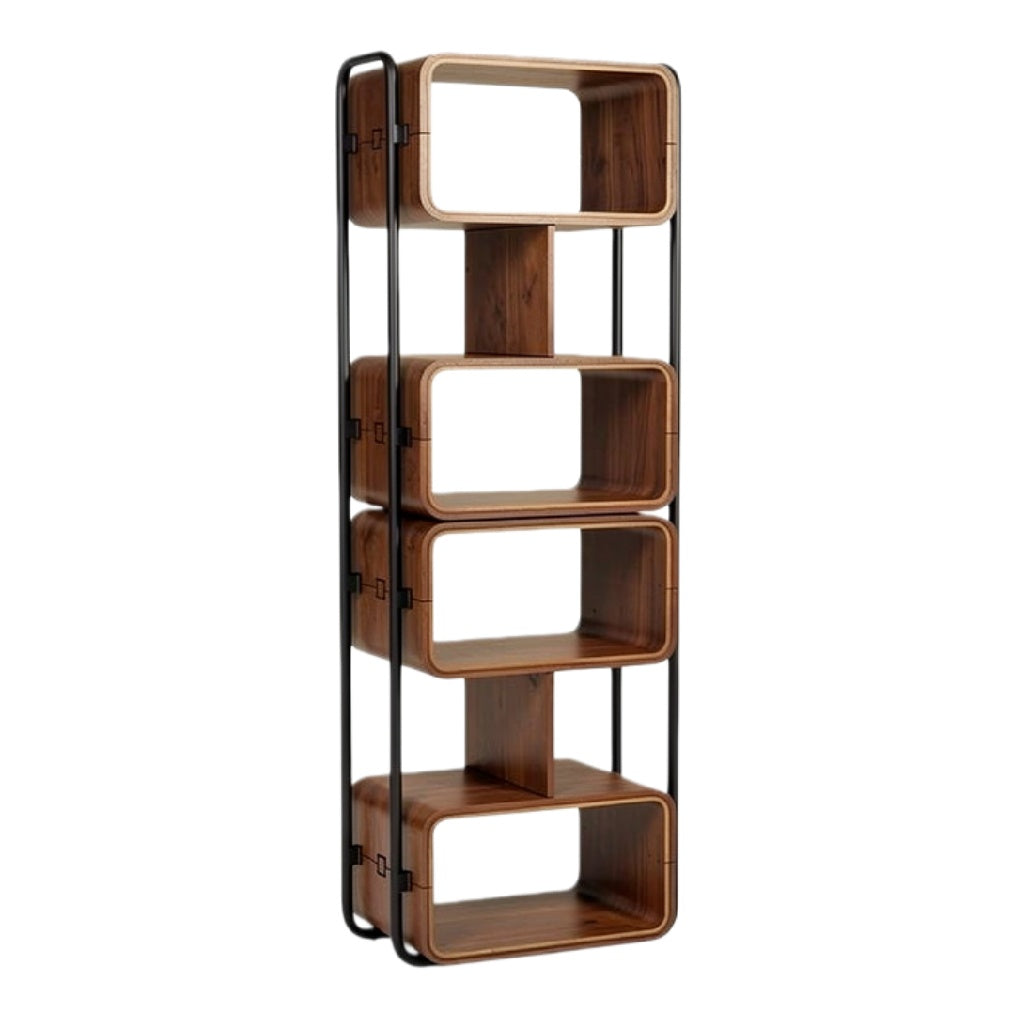 Moderne houten boekenplank met metalen frame en vier open vakken