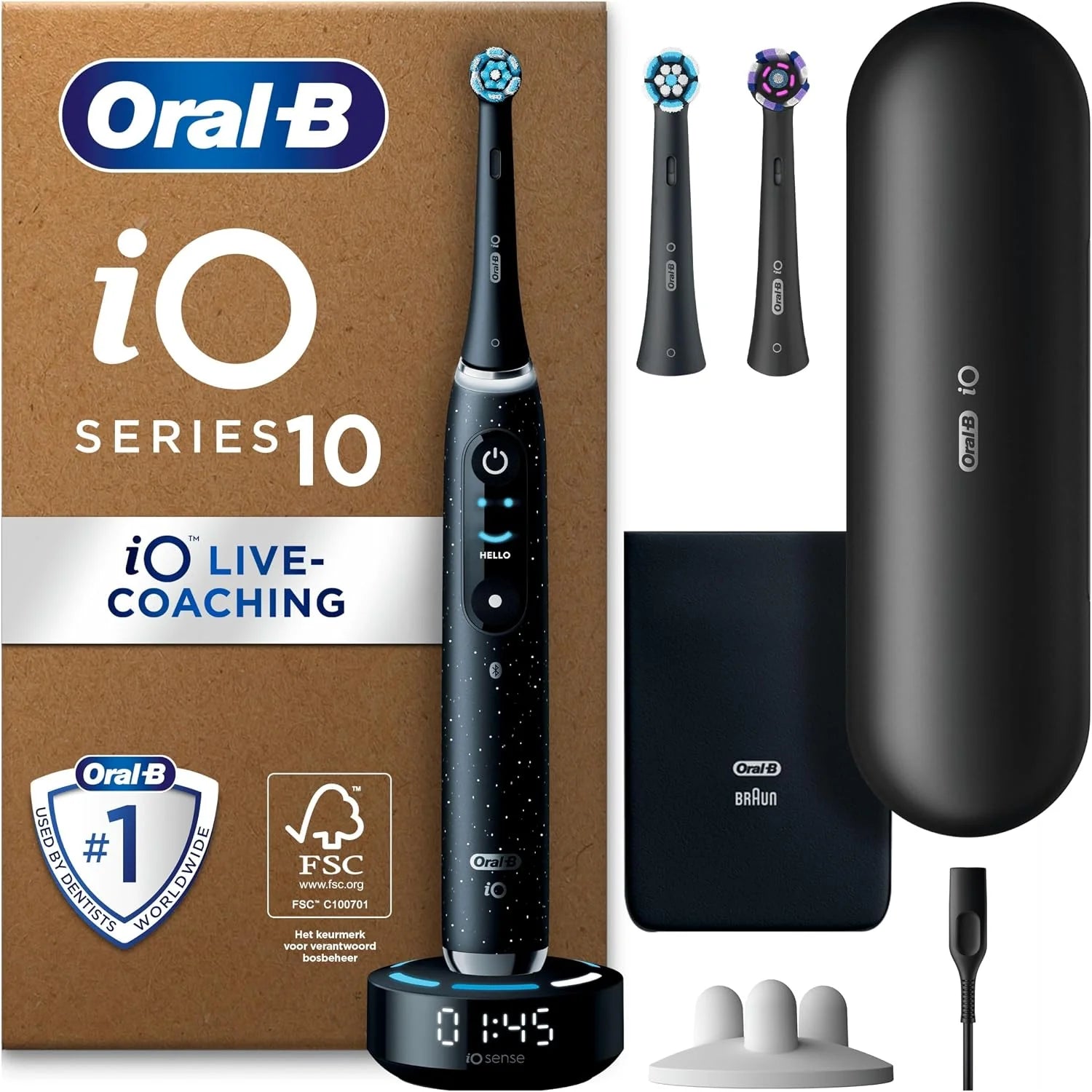 Oral-B iO 10 Zwarte Elektrische Tandenborstel, 3 Opzetborstels, 1 Oplaadreisetui, 1 Etui voor de oplader, iO Senses, 1 Opzetborstel houder(Kosmisch Zwart)