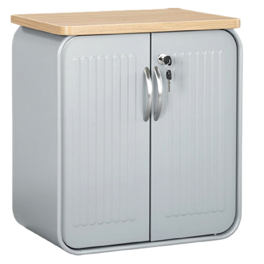 **Technische Titel: Moderne Grijze Kast met Houten Bovenblad en Sleutelslot**