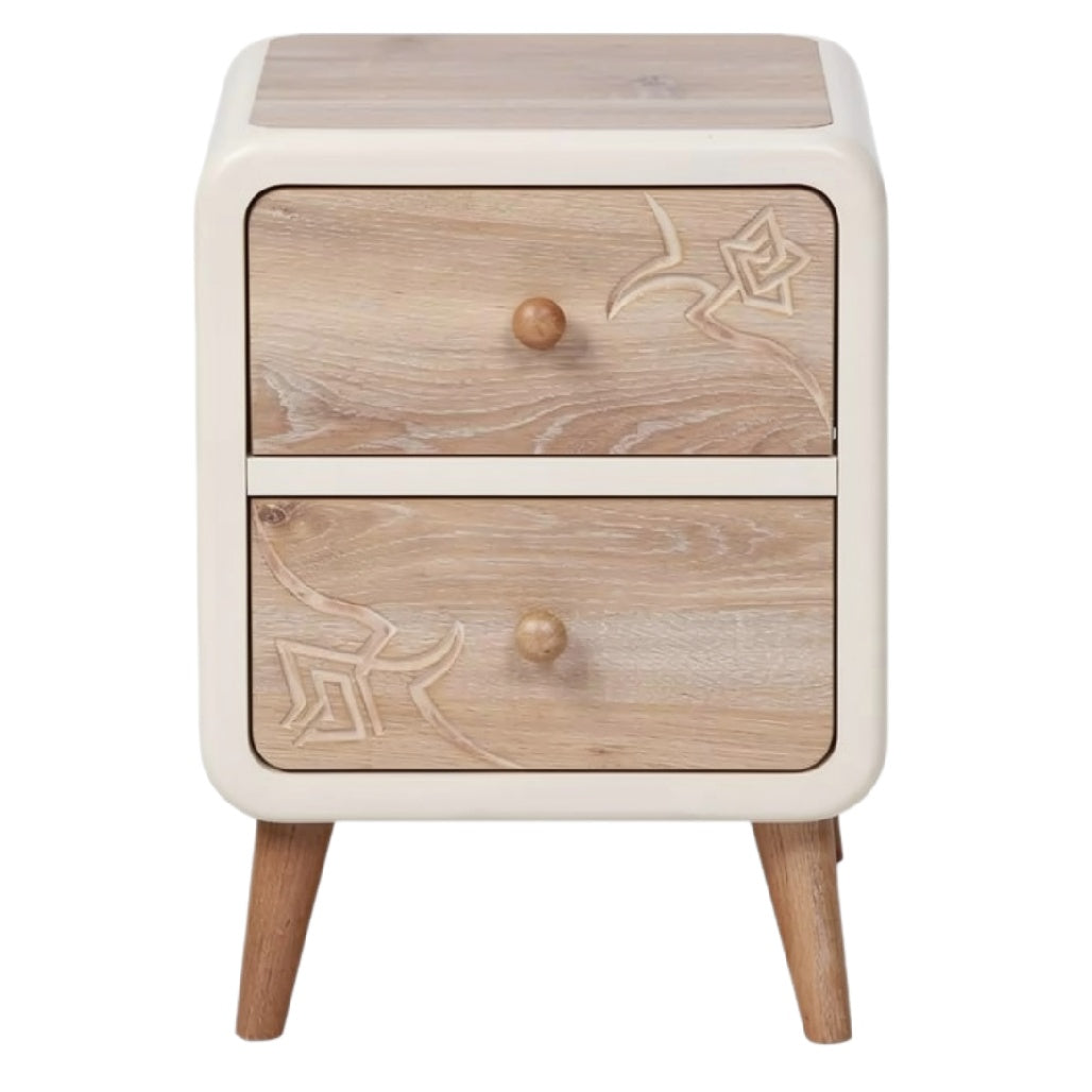 "Moderne nachttafel met twee lades en houten afwerking"