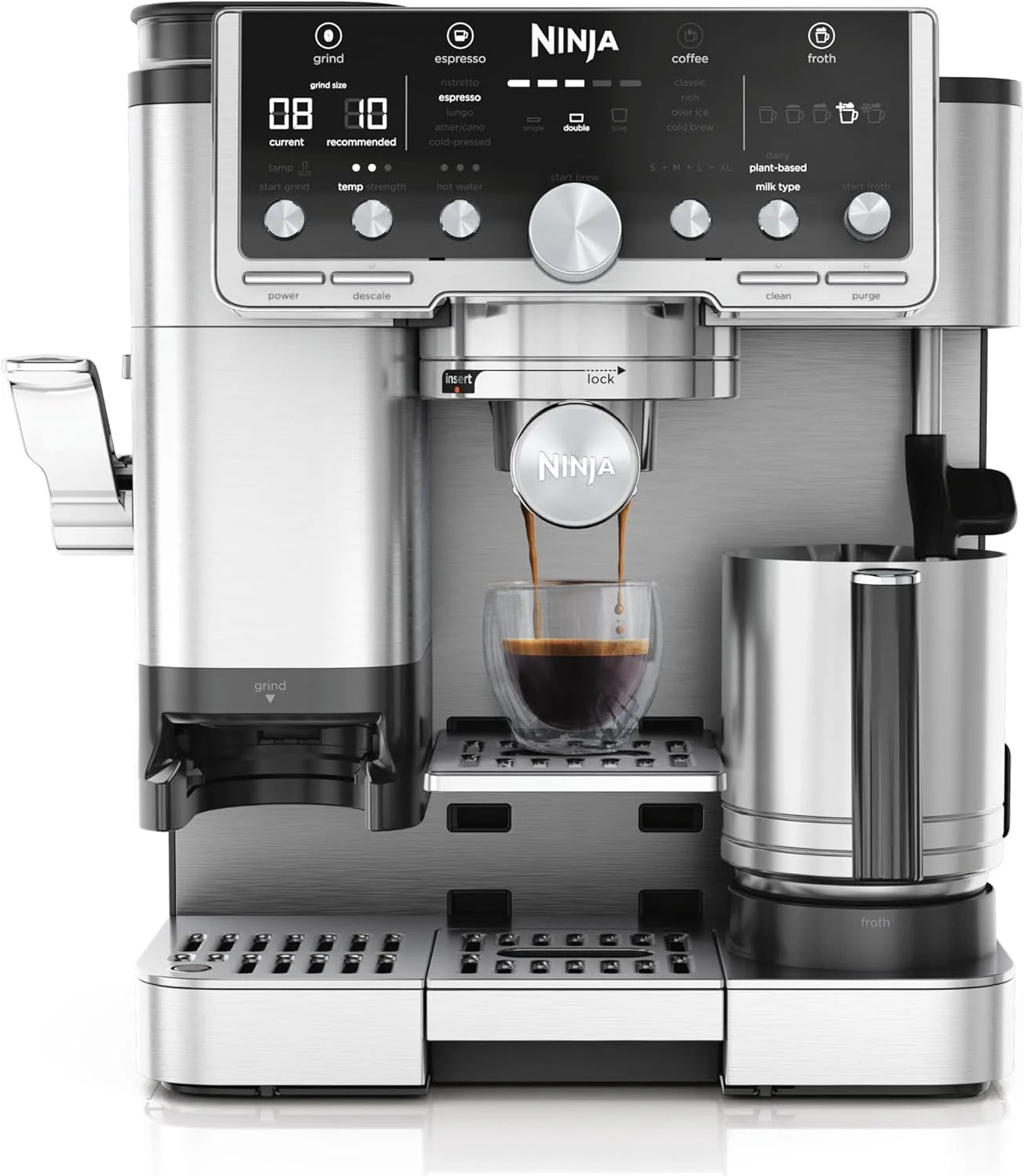 Ninja Luxe Essential 2-in-1 Koffiezetapparaat, Latte, Cappuccino  Espressomaker Met Ingebouwde Koffiemolen  melkschuimer, Gebruiksvriendelijk, 2 Geautomatiseerde Opschuimstanden, Zilver, ES501EU(Pro)