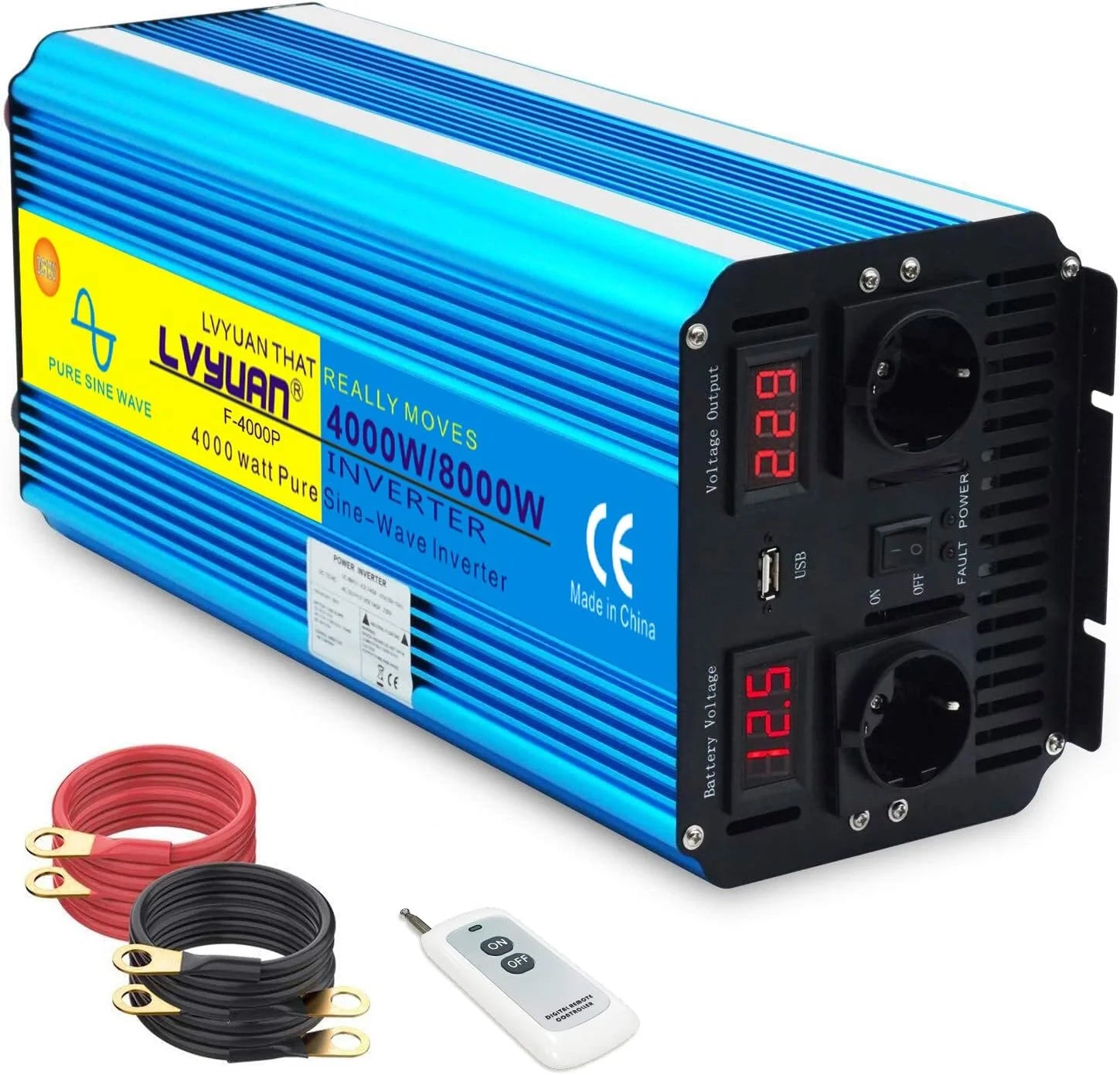 Spanningsomvormer 4000W 12V 230V zuivere sinus omvormer afstandsbediening 2 LED Power Inverter 2 stopcontacten en USB / 8000 W stootkracht