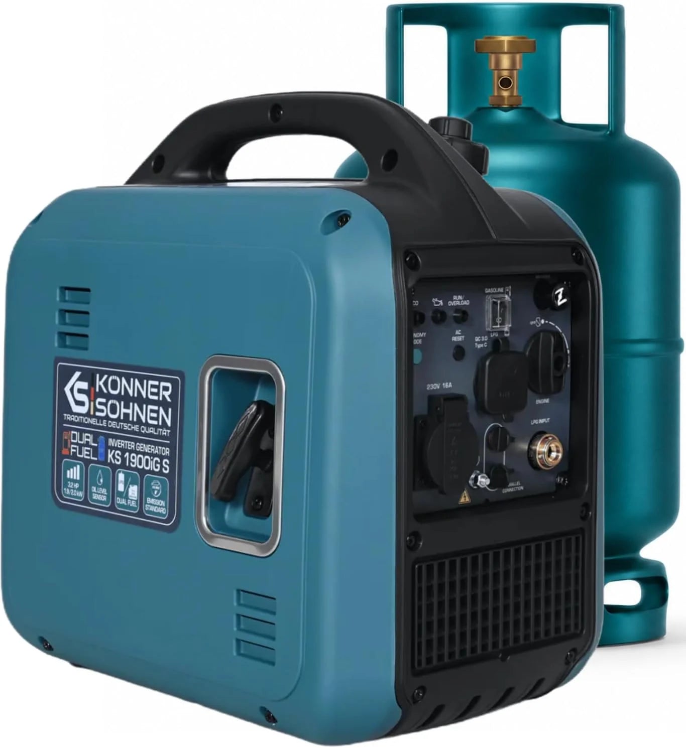 Könner  Söhnen KS 1900iG S LPG-invertergenerator 2,0 kW, dual fuel, inverter-stroomgenerator Eco-Mode, noodstroomaggregaat voor binnen- en buitengebruik, benzinegenerator, 230 V/16 A, Euro-5