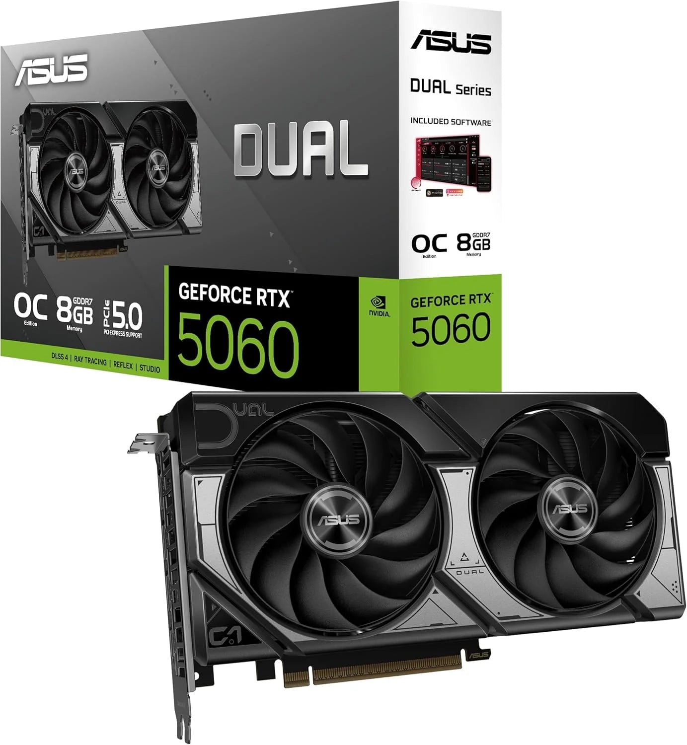 ASUS Dual GeForce RTX 5060 OC 8G GDDR7 Gaming grafische kaart - PCIe 5.0, 2565MHz Boost-klok, DLSS 4, HDMI 2.1b, DisplayPort 2.1b, 2.5-sleuf, Axial-tech ventilatorontwerp, 0dB-technologie