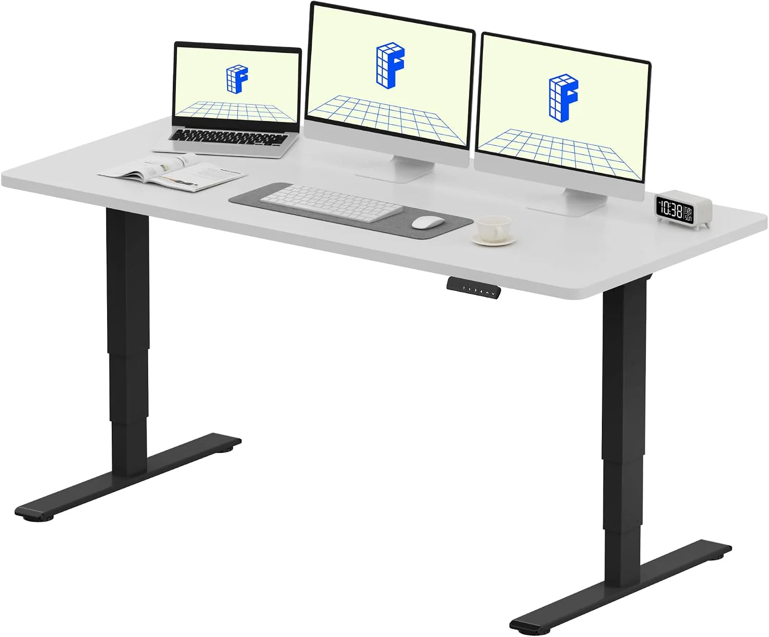 FlexiSpot EC5 Lite 160x80cm Elektrische Verstelbare Bureau – Eénstukig Bureaublad, Dubbele Motor en Driedelige Poten, 25 mm Dikte en 4-geheugen Instellingen, Wit+Wit(160 x 80 cm/Zwart Tafelframe+Wit Bureaublad)