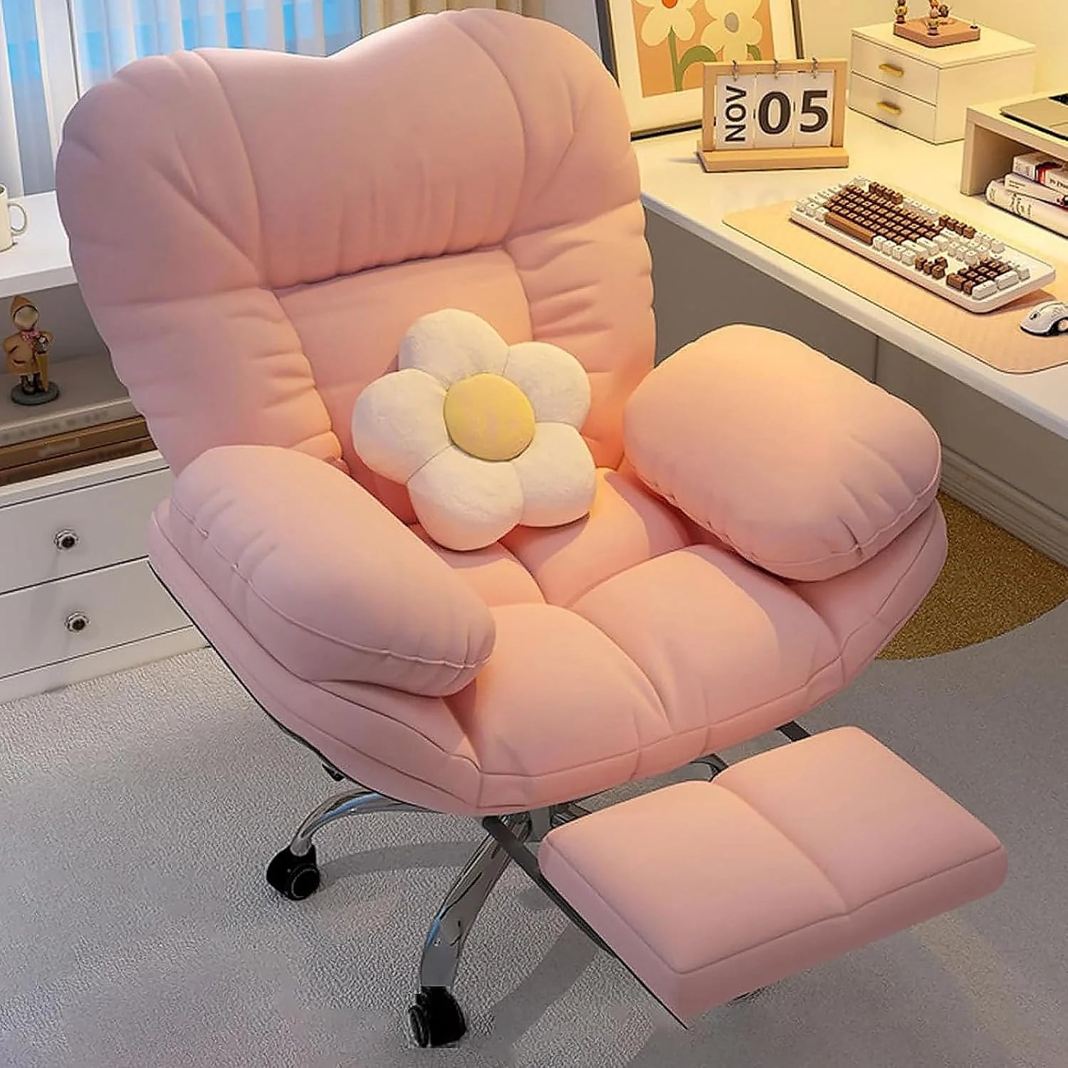 Roze/Beige Draaibare Bureaustoel met Wielen, Moderne Beklede Fauteuil, In Hoogte Verstelbare Computer Taakstoel, Luie Sofa Gaming Stoel Fauteuil met Intrekbare Voetensteun(Roze)