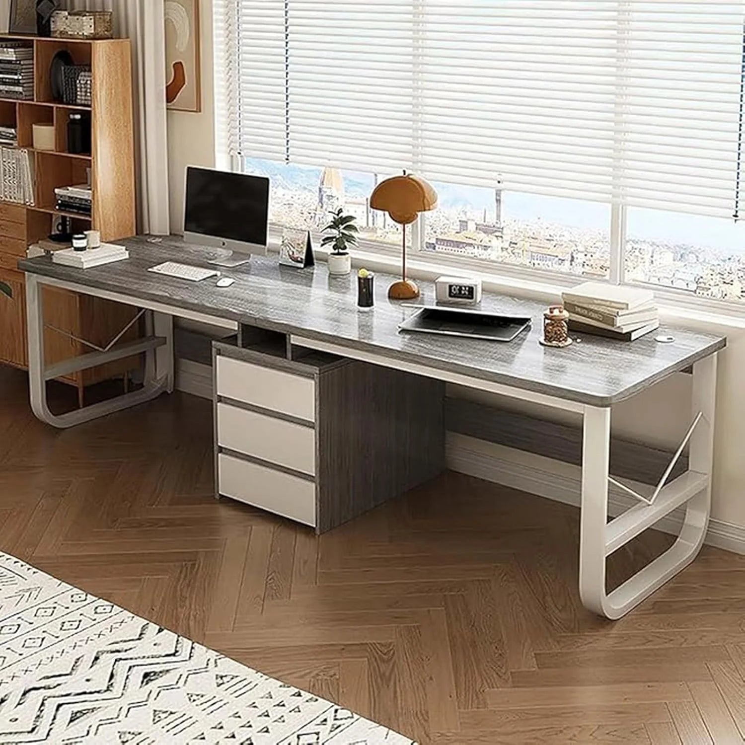 Groot dubbel computerbureau/studietafel met 3 lades, modern dubbel bureau, houten dubbele werkplek A,240CM(C/240CM)