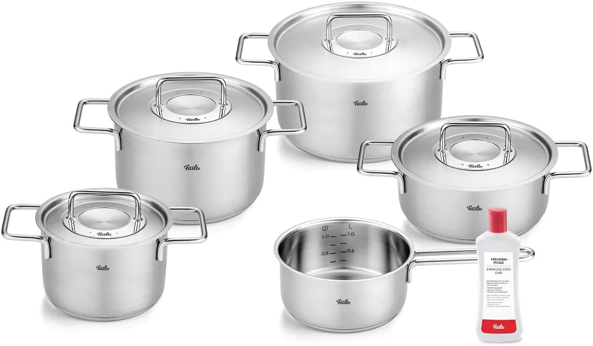 Fissler Pure Collection/roestvrijstalen pannenset, 6-delig, pannen met metalen deksel (3 kookpannen, 1 braadpan, 1 steelpan, 1 roestvrij stalen onderhoud), geschikt voor inductie, zilver