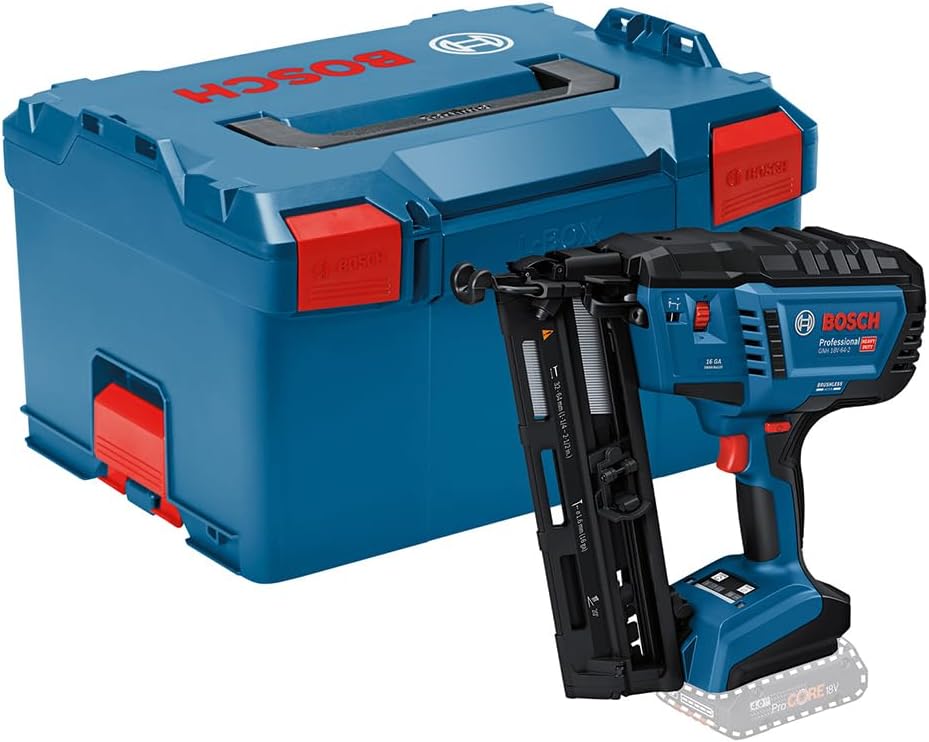Bosch Professional 18V System accuhouttacker GNH 18V-64-2 (enkelschotsmodus, geschikt voor spijkers: 32-64 mm, 16 ga (1,6 mm) en collatiehoek van 20°, zonder accu's, in L-BOXX)