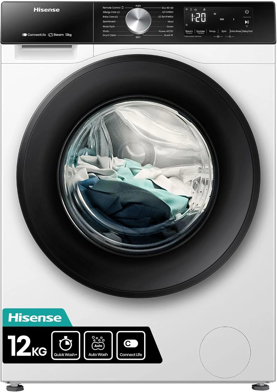 Hisense WF3S1243BW3 Wasmachine, 12 kg, klasse A-20%/D, 1400 omw/min, breedte 60 cm, 19 programma's, wit