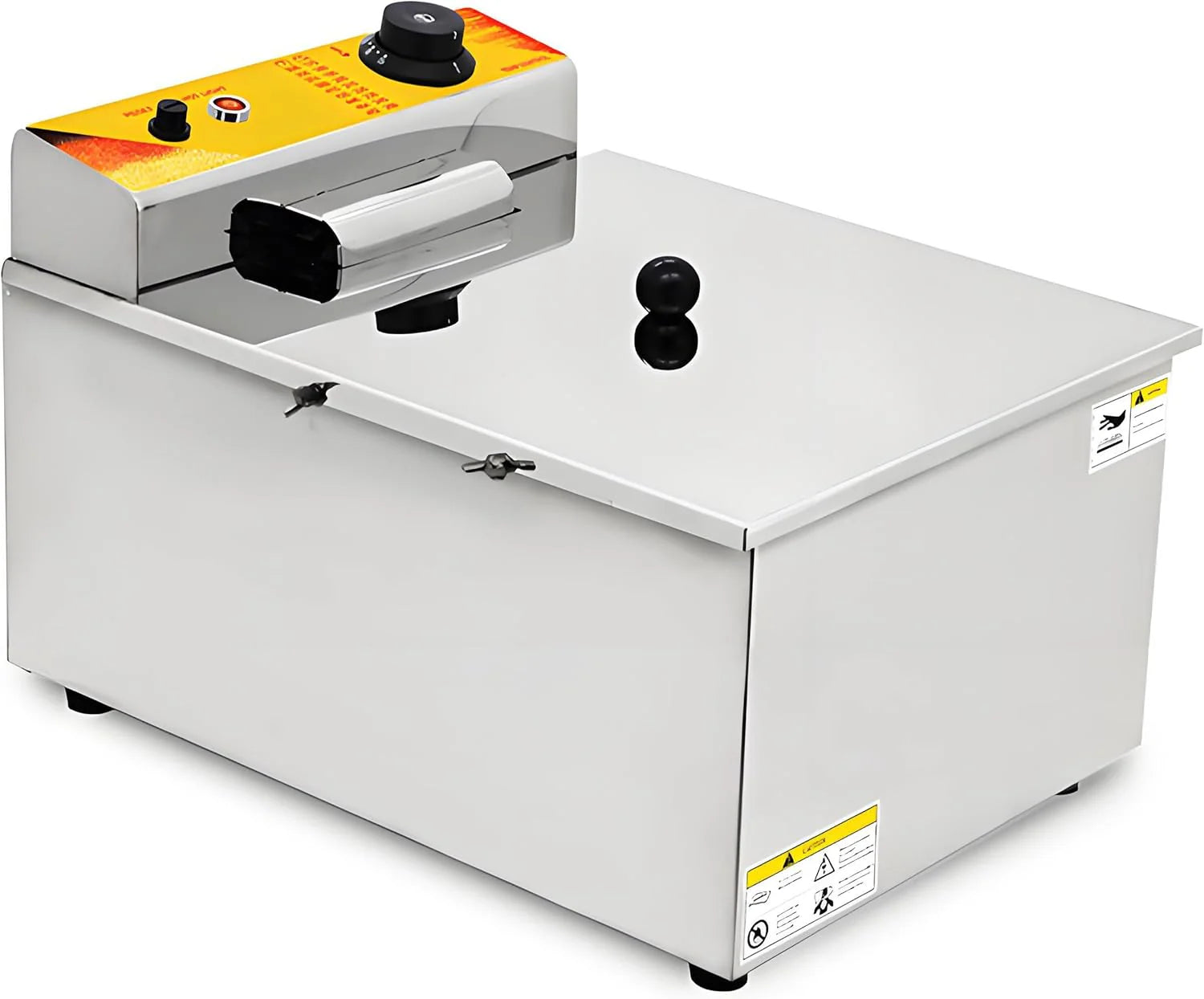 Elektrische frituurpan voor kaas en hotdogs, met een inhoud van 12 liter, 2,5 kW vermogen, instelbare temperatuur, roestvrij staal en 8 haken.