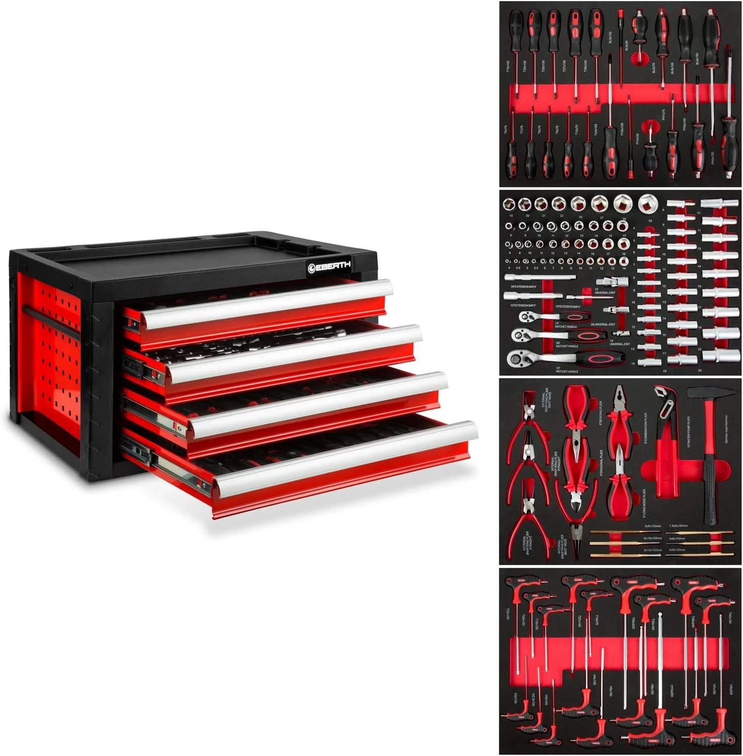 EBERTH Gereedschapskist gereedschapskist gereedschapskist gereedschapskast van metaal met 3 laden gevuld met gereedschap (114 delen, kogelgelagerde telescopische rails, rood gepoedercoat, afsluitbaar)(Met gereedschap - 4 laden/Rood)