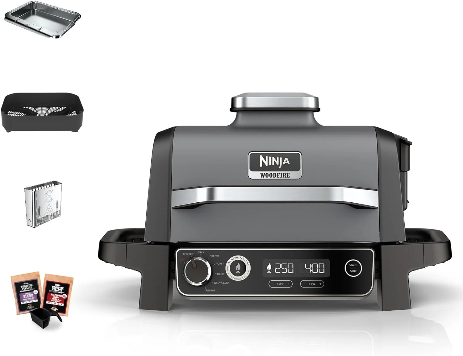 Ninja Woodfire Pro Connect XL Elektrische BBQ Grill  Rookoven met Appbediening, 2 Digitale Sondes, Deksel, Voering  Schoonmaakborstel, Grote 7-in-1 Buitengrill  Airfryer, OG901EUAMZ(Woodfire)