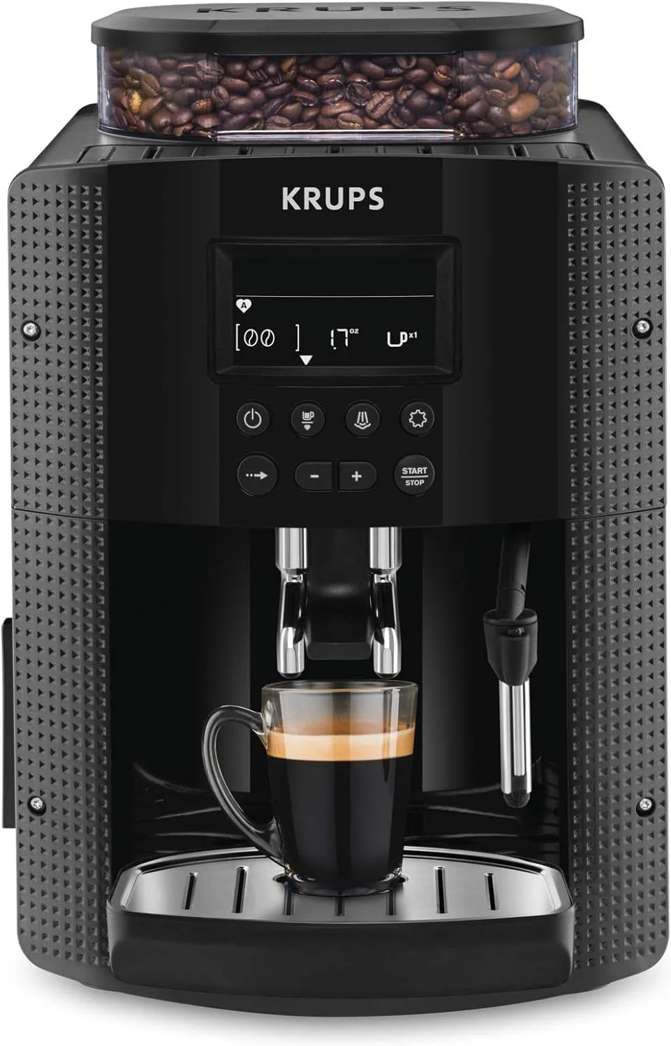 Krups Essential EA8105 Volautomatische espressomachine, Cappuccino Machine, van koffieboon tot mok, Thermoblock Systeem, Compact, LED Verlichting, koffiegrinder, Stoompijpje, Gebruiksvriendelijk(Coffee machine with display/Zwart)