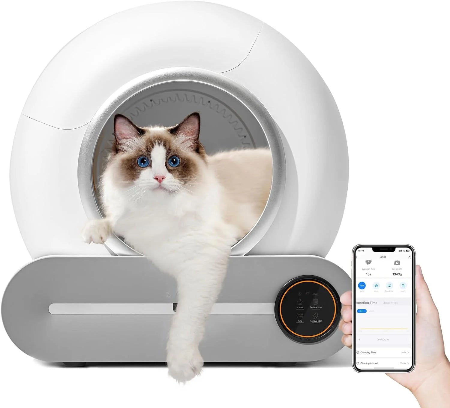 Zelfreinigende kattentoilet, automatische kattenbak met app-bediening, zelfreinigend, slimme gezondheidsmonitor/ionische deodorisator (lichtwit)