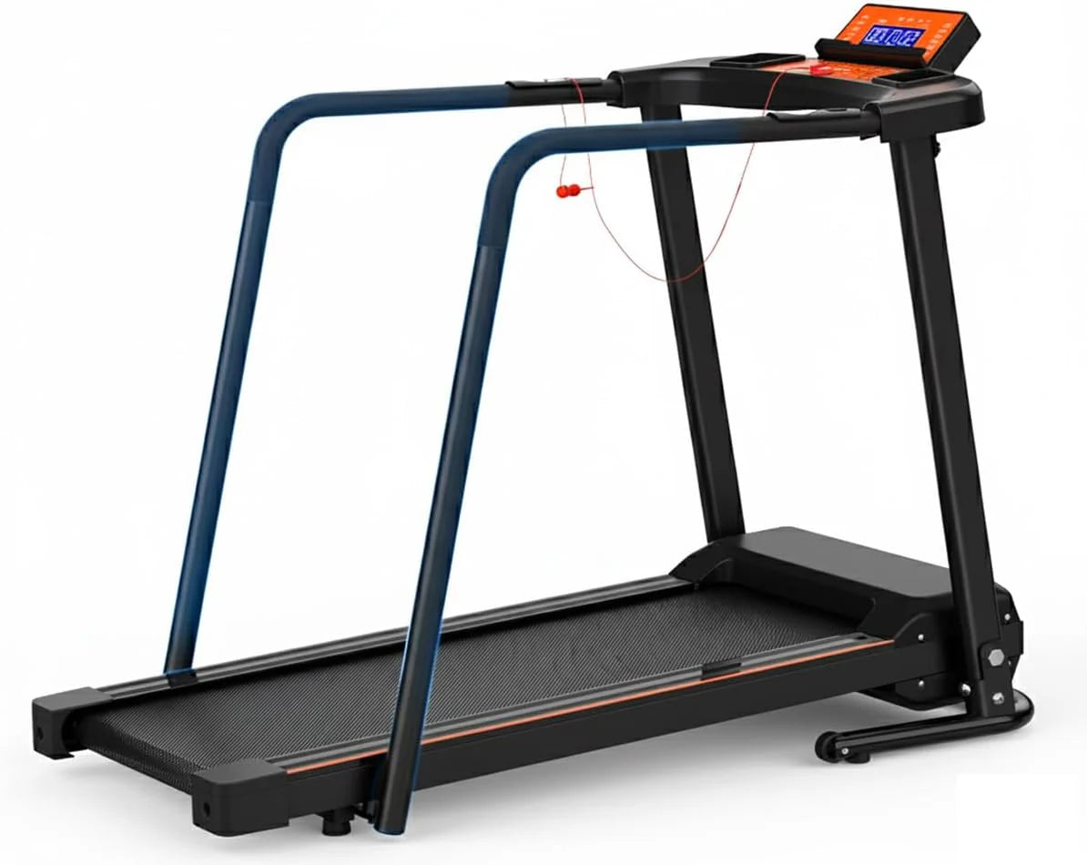 Loopband Clover S200 met lange veiligheidsleuningen, verstelbare snelheid en makkelijk leesbaar LCD-scherm. Speciaal voor ouderen en revalidatie. Antislip oppervlak.
