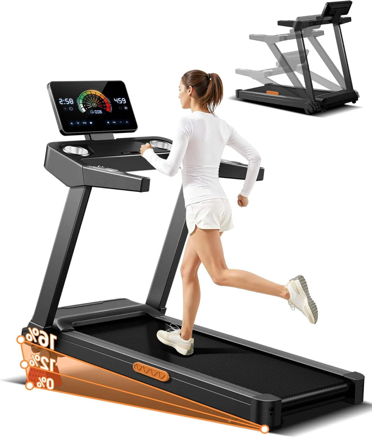 LONTEK Opvouwbare loopband voor thuis met 16% helling, loopband inklapbaar 14 km/u met hartslagmonitor, treadmill for home met 3,5 PK motor en LED-display, maximale belasting 180 kg(Zwart)