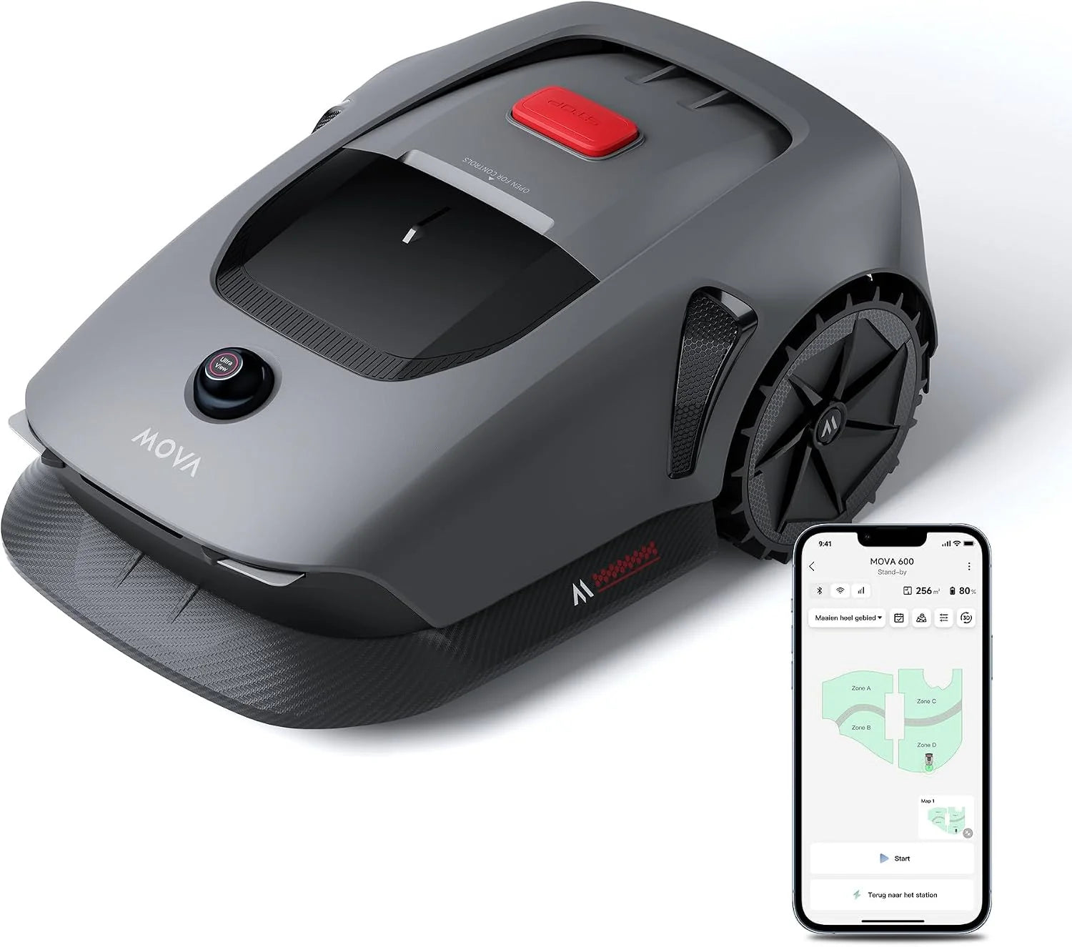 Mova 1000 robotmaaier, UltraView draadloze installatie en nauwkeurig in kaart brengen tot 1000 m², slimme obstakelvermijding, app-bediening, verbeterde terreinwielen, U-vormig maaien, snel opladen(600Kit)