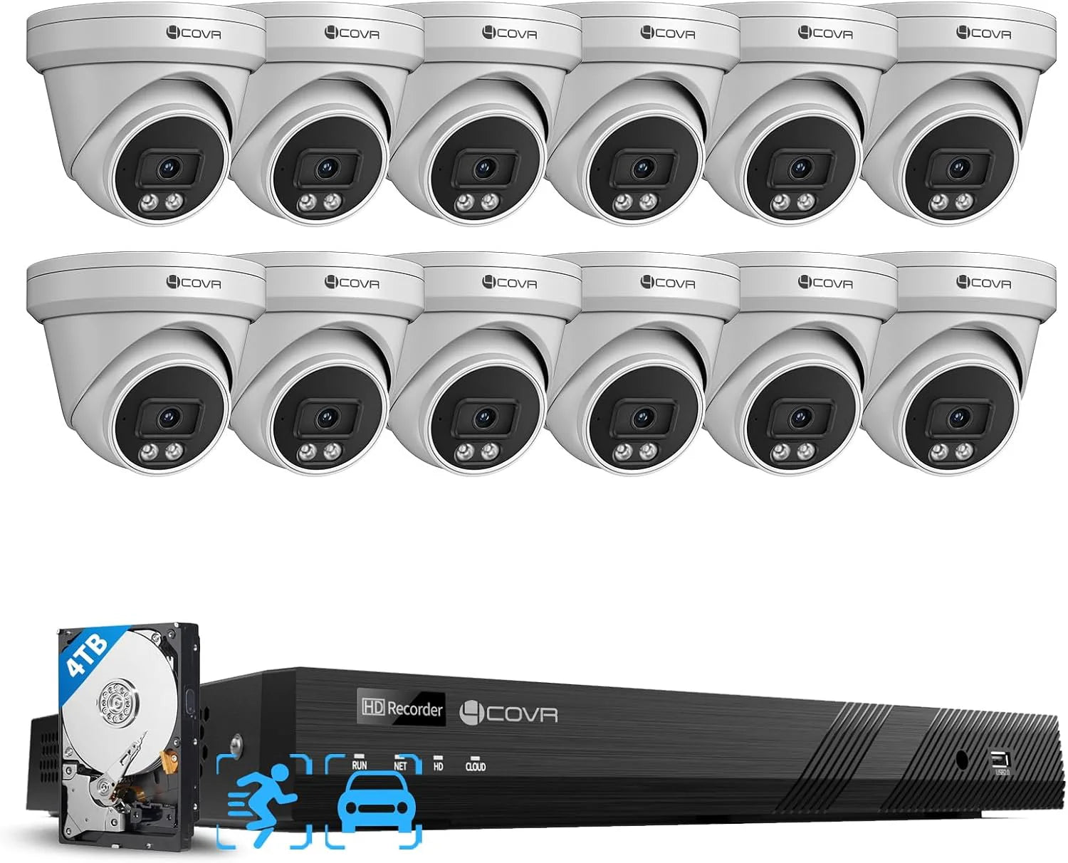4COVR 16 Kanaals PoE Beveiligingscamera Systeem, AI Menselijk Voertuig Detectie  Externe Toegang, 12 Stks 5MP Bedrade Commerciële Dome IP Camera IP67, 8MP NVR 4TB HDD, Zakelijke Surveillance Outdoor